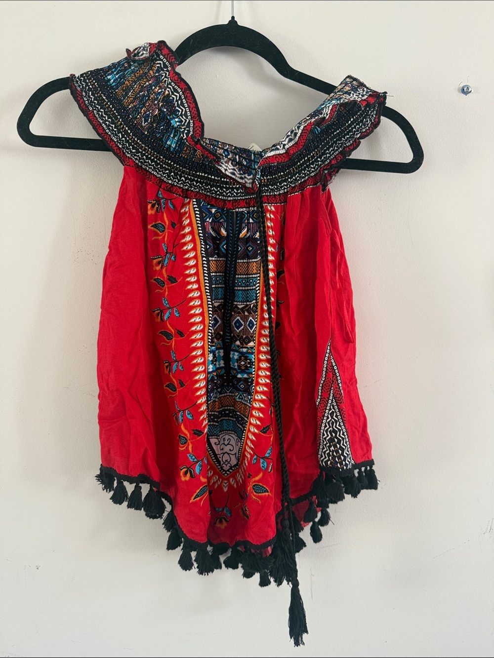Boho Red Off-Shoulder Embroidered Tassel Tunic